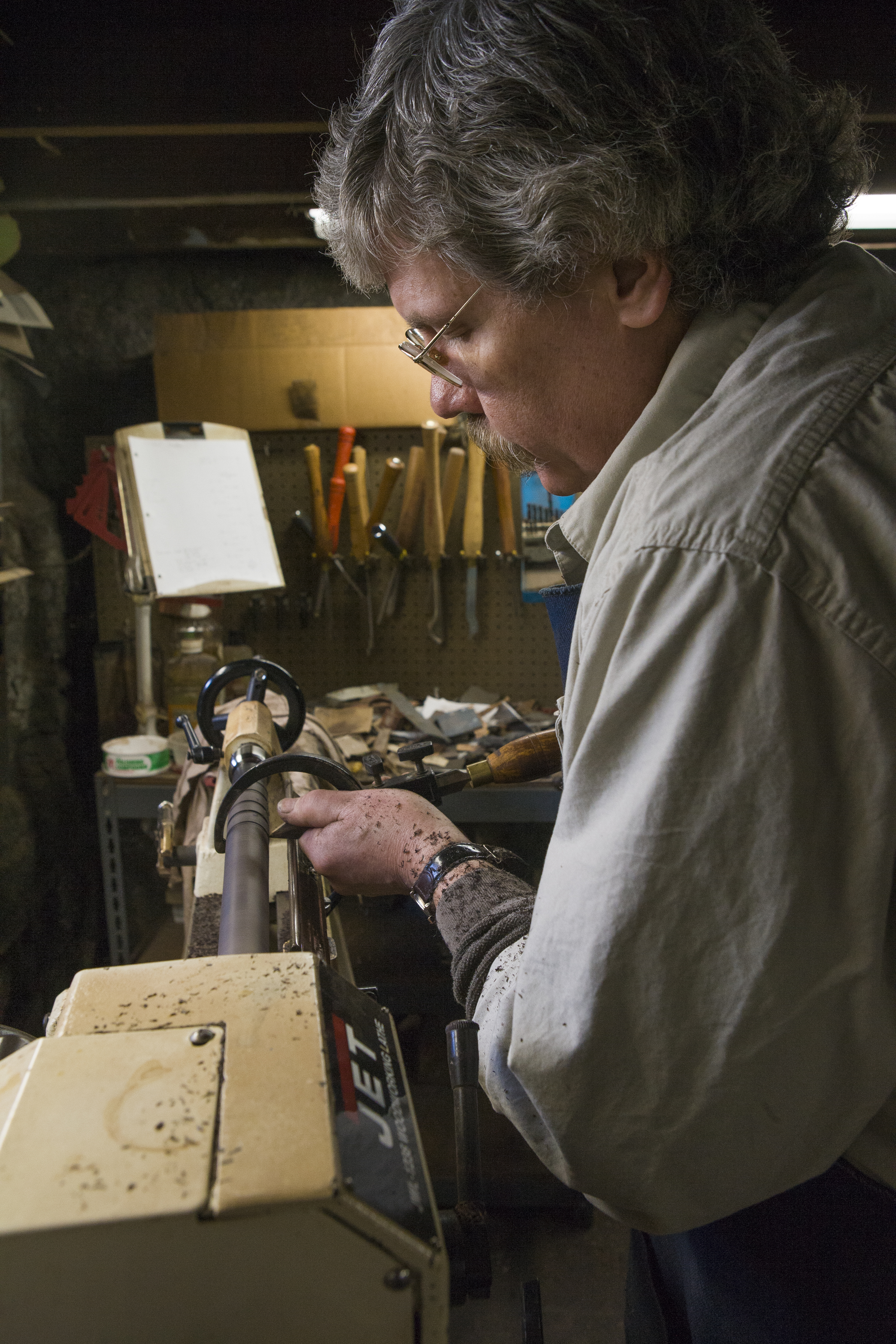 Bruce Childress at work in his uilleann pipes workshop