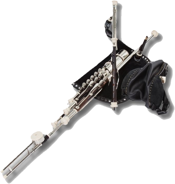 A complete set of uilleann pipes by BC Childress — chanter, drones, regulators, bag and bellows